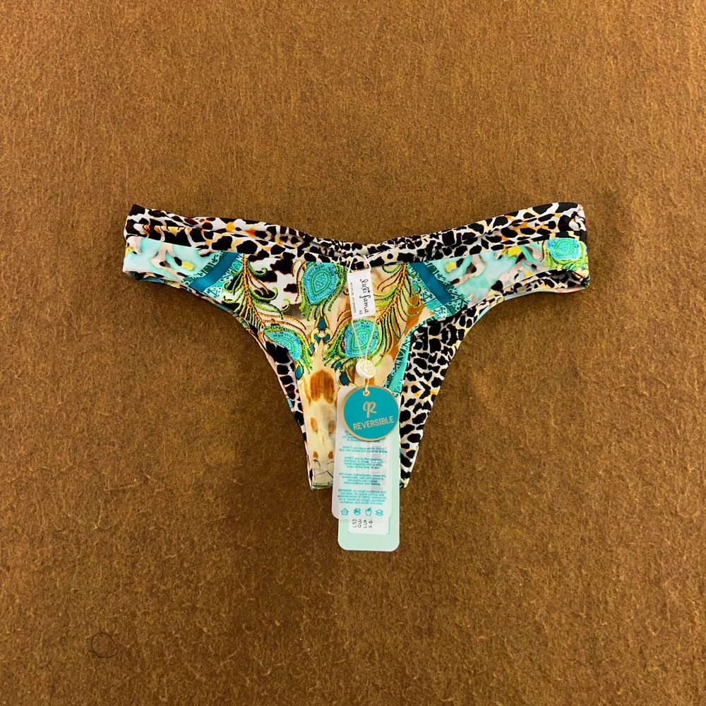 Luli Fama Womens XS Multi Color Reversible Peacock Leopard Bikini Bottom New